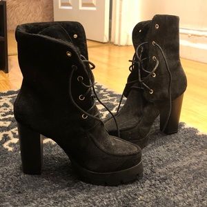 Black Lace-Up Mid-Calf Booties